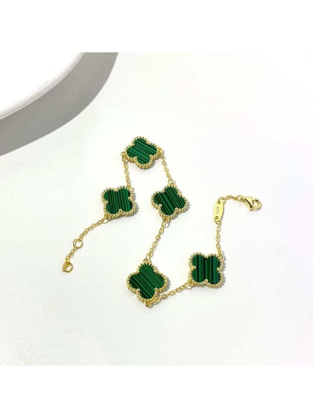 Malachite 18k YG plated Silver Clover bracelet - Picture 2 of 4